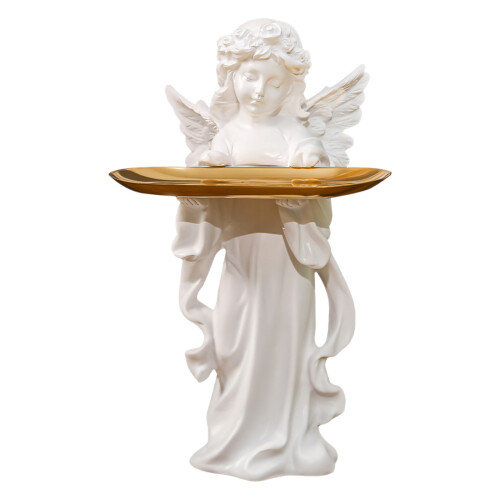 Romantics hars engel sculptuur met dienblad, perfect voor