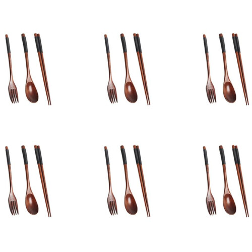 6X Wooden Flatware Set, Wooden Portable Set Chopsticks Spoon Fork Tableware Dinnerware with Black Twining Thread