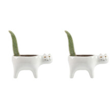 2X Cute Cat Ceramic Garden Flower Pot Animal Image Cactus Plant Planter Succulent Plant Container White