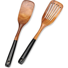 2 Pcs Wooden Spatula Set, Non-Toxic Teak, Slotted & Flat, Bamboo Spoon, Spurtle, Flipper