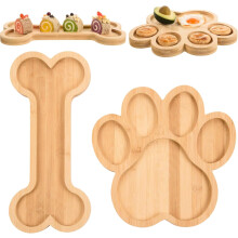 (Bone-Shaped Natural Bamboo Wood Color, 38*16.8*1.2) 2 Pack Bamboo Serving Trays with Grooves Wooden Dog Paw Bone Shaped Snack Platters
