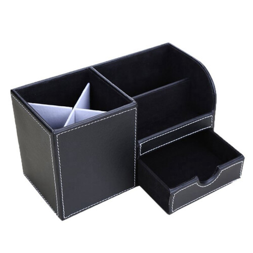 2pcs PU Leather Multi-Function Desk Stationery Organizer Storage Box Pen/Pencil,Cell Phone,(Black-Flannel) 2