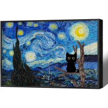 Toile imprimée Chat noir drôle Nuit étoilée 12x16 pouces