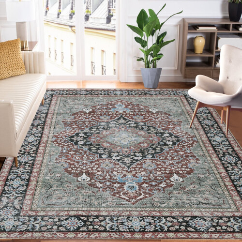 Boho Area Rug 5 x 7 ft Brown Black Non-Slip Machine Washable