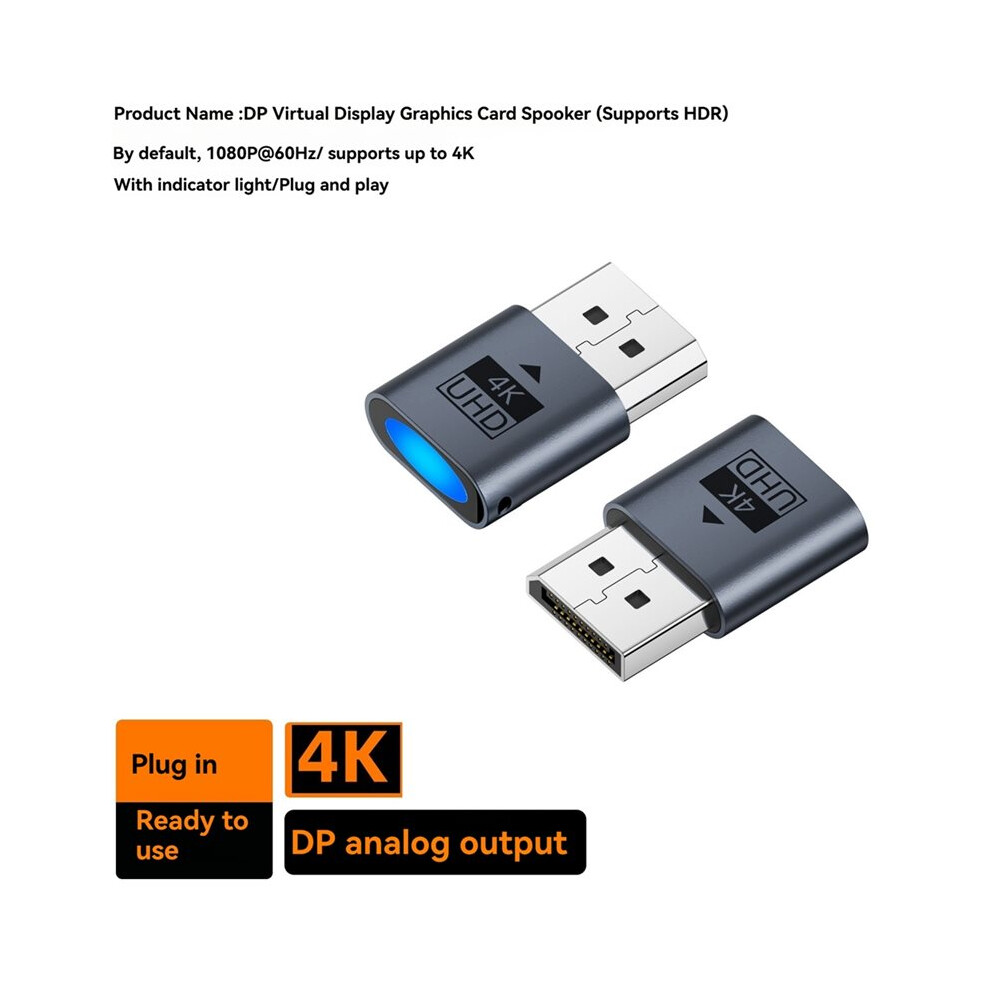 4K Uhd Dp Dummy Plug Plug And 1080P 60Hz Virtual Display Emulator Indicator Fake Load Dp Adapter Light 6033601650712