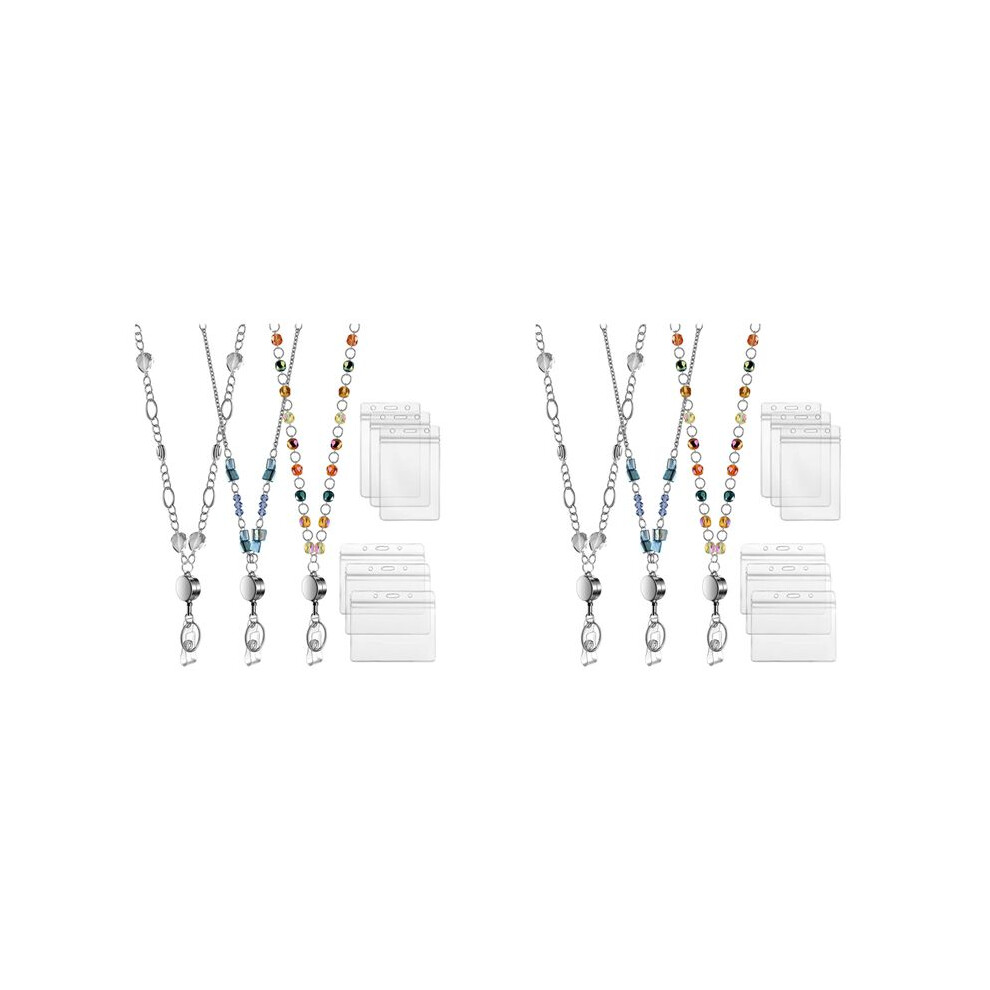 6 Pcs Retractable Badge Reels Lanyard With Name Card Id Holder For Women Fashion Beaded Badge Lanyard Necklace 4711840197701