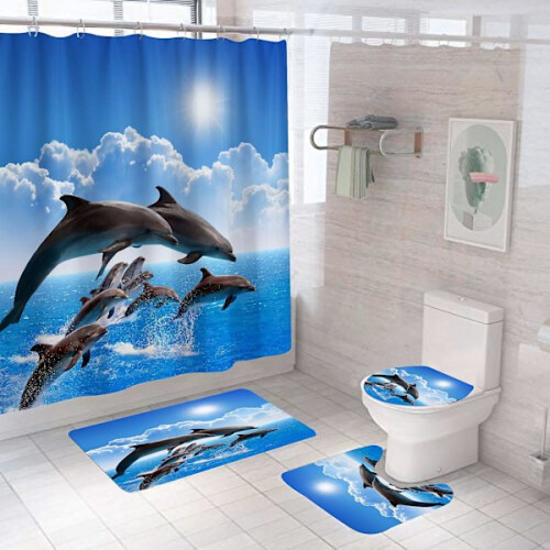 Σετ κουρτινών μπάνιου Dolphin Blue με αντιολισθητικό χαλάκι μπάνιου