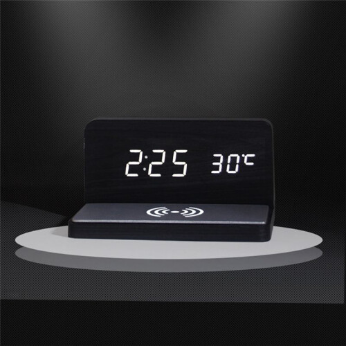 10W Multifunctional LED Wireless Charging Alarm Clock Silent Clock Electronic Clock Wireless Charging Thermometer-Black 2