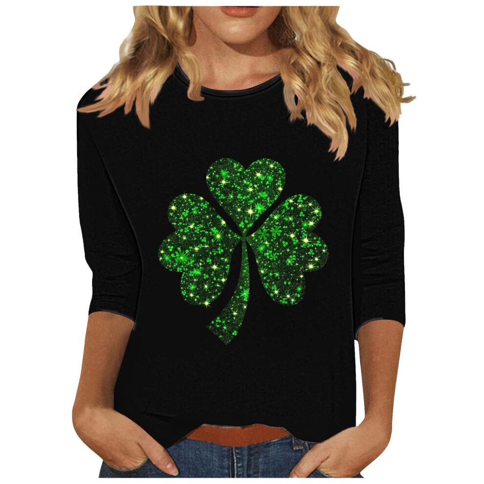 t Patricks Day Shirt Women  3/4 Sleeve   Tops Shamrock-Black XL