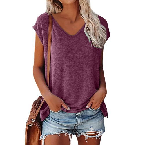 Short Sleeve Shirts for Women Cap Sleeve Basic V-Date red S