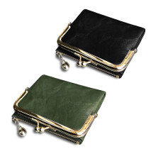 2 Pcs Women'S Short Wallet Bifold Retro Multifunction Coin Purse with Zip and Kiss Lock, Green & Black