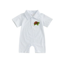 (0-3 Months, White A) Baby Boy Summer Striped Romper Fashionable Turtle/Duck Embroidery Lapel Short Sleeve Jumpsuits