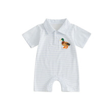 (0-3 Months, White B) Baby Boy Summer Striped Romper Fashionable Turtle/Duck Embroidery Lapel Short Sleeve Jumpsuits