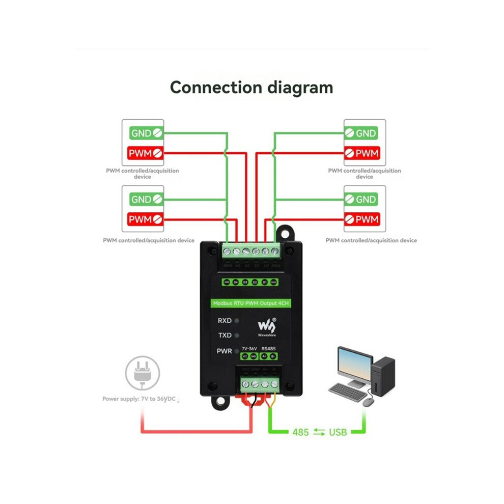 Waveshare Industrial 4-Ch Pwm Pulse Output Module Modbus Rtu Protocol Rs485 Interface Adjustable Frequency 6033745003986