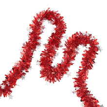 Red green tinsel garland with blue snowflakes 6 ft