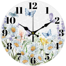 Horloge murale en bois de 30 cm Ă motif marguerite, silencieuse et Ă piles.