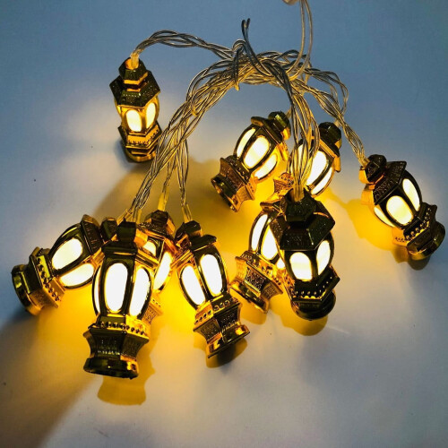 Cortina de luzes LED para o Eid Mubarak – Lanterna dourada com 10 lâmpadas