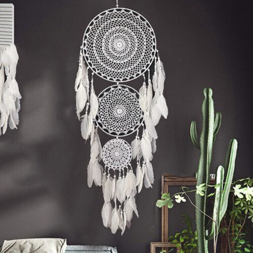 2X Extra  Boho Dream Catcher con 3 CíRculos Colgante de Macramé de Plumas Blancas 2