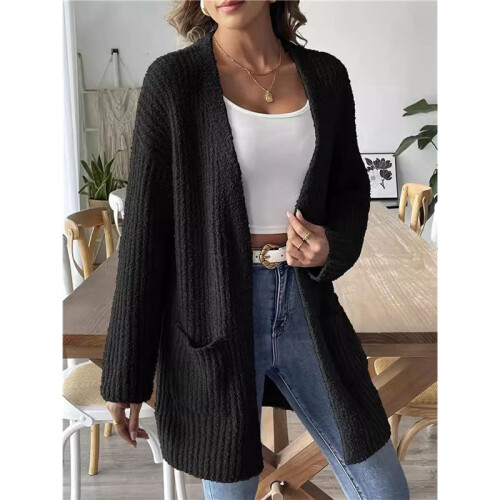 Offene Vorderseite Damen Lässiger Herbstpullover Langarm mit Taschen Pullover Strickjacke Schwarz L 1
