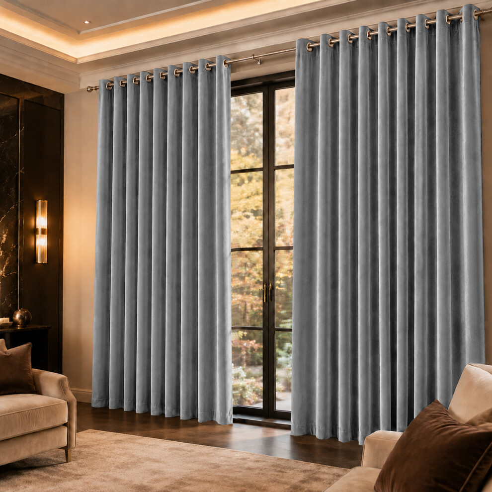 Oxford Homeware (, 46" X 54" (116Cm X 137Cm)) Velvet Curtain Pair Eyelet Ring Top Curtains With Tiebacks Grey
