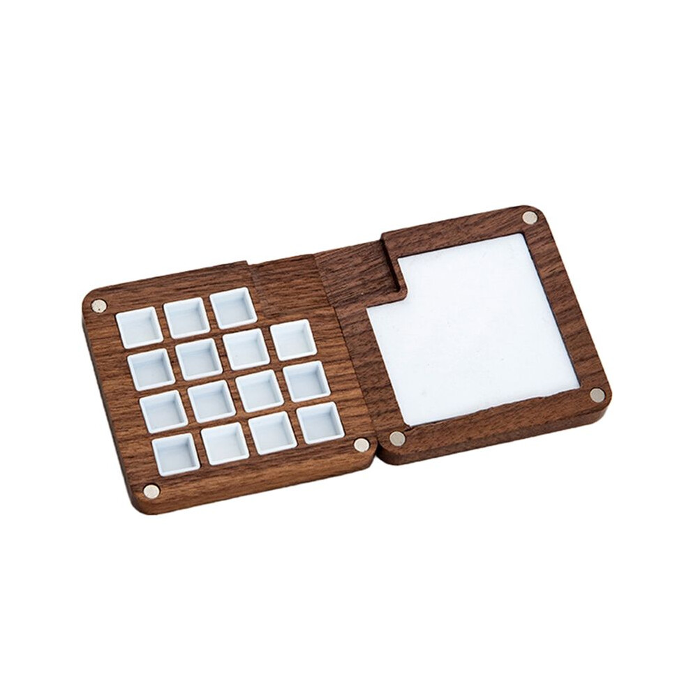 Black 15 Grid Portable Sketchbook Palette, Walnut Wood Color Palette Box Travel Watercolor Case For Drawing Walnut