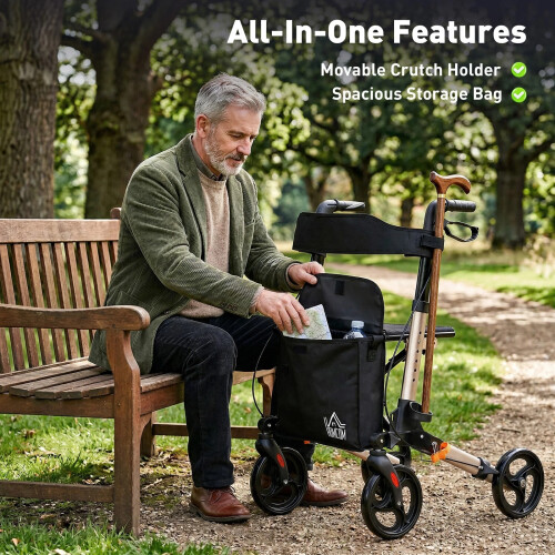 4 Wheel Rollator Walker, Adjustable Mobility Walker with Bag,Gold Tone 1