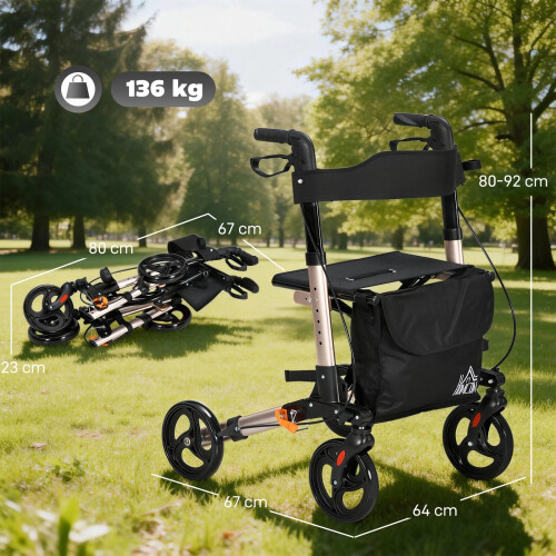 4 Wheel Rollator Walker, Adjustable Mobility Walker with Bag,Gold Tone 2