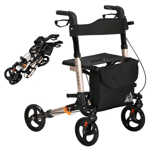 4 Wheel Rollator Walker, Adjustable Mobility Walker with Bag,Gold Tone