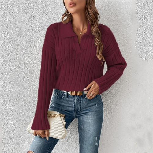 Damen Zopfmusterpullover Langarm V-Ausschnitt Pullover Tops Lässige Pullover Shirts Herbstmode Outfits Dunkelrot XL 1