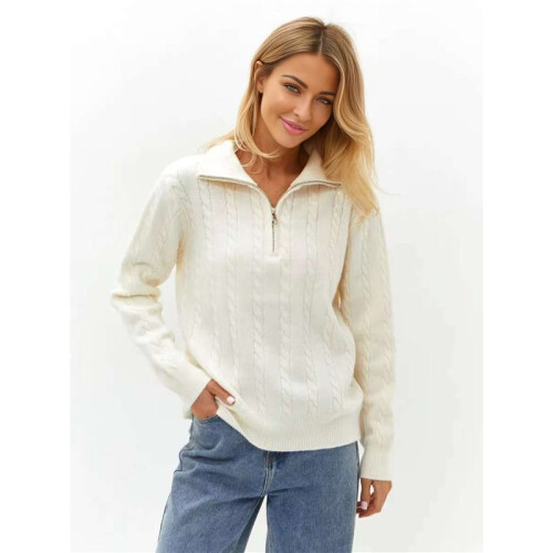 Women'S Sweaters Fall Winter Quarter Zip Casual Ribbed Cable Knit Pullover White One Size 1