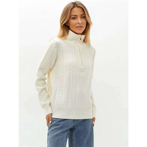 Women'S Sweaters Fall Winter Quarter Zip Casual Ribbed Cable Knit Pullover White One Size 2