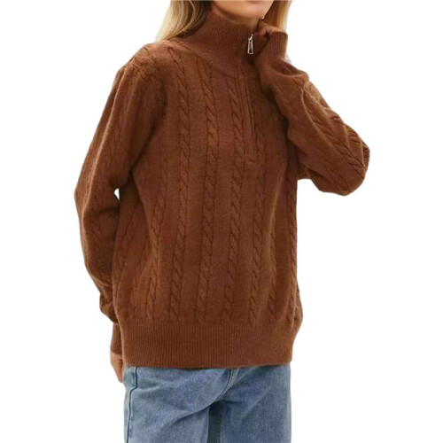 Damenpullover Herbst Winter Viertelreißverschluss Lässiger Gerippter Zopfmusterpullover Karamell Einheitsgröße 1
