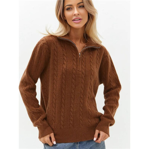 Damenpullover Herbst Winter Viertelreißverschluss Lässiger Gerippter Zopfmusterpullover Karamell Einheitsgröße 2