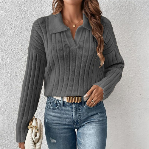 Damen Zopfmusterpullover Langarm V-Ausschnitt Pullover Tops Lässige Pullover Shirts Herbstmode Outfits Dunkelgrau XL 1