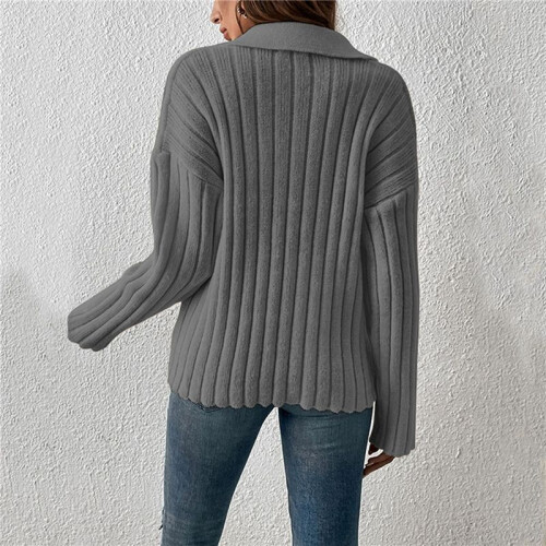 Damen Zopfmusterpullover Langarm V-Ausschnitt Pullover Tops Lässige Pullover Shirts Herbstmode Outfits Dunkelgrau XL 2