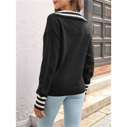 Damen-Strickpullover mit Gestreiftem Matrosenkragen, V-Ausschnitt und Normaler Passform Schwarz S 1