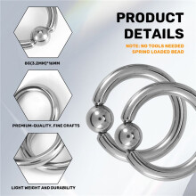 1 Pair Stainless Steel Captive Bead Ear Rings Hoop BCR Studs Piercing Jewelry Steel color, 8g(3.2mm)x16mm