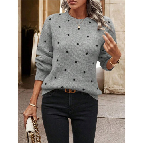 Damen-Pullover mit Punkten, Langärmelig, Rundhalsausschnitt, Strickpullover-Oberteile Grau M 1