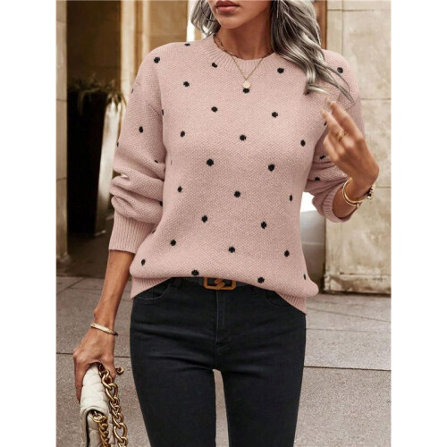 Damen-Pullover mit Punkten, Langärmelig, Rundhalsausschnitt, Strickpullover-Oberteile Rosa M 2