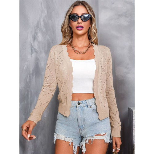 Damen Langarm V-Ausschnitt Strickjacke Jacke Knopfloser Strickschal Pullover Aprikose M 1