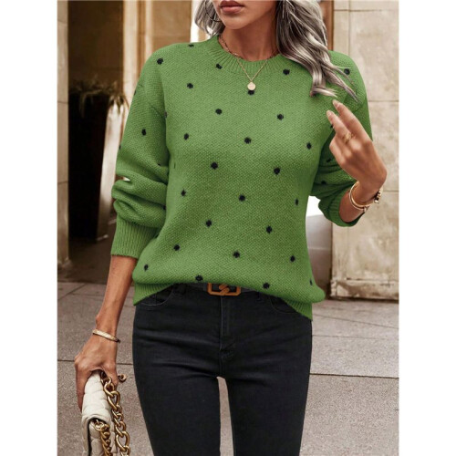 Damen-Pullover mit Punkten, Langärmelig, Rundhalsausschnitt, Strickpullover-Oberteile Grün L 1
