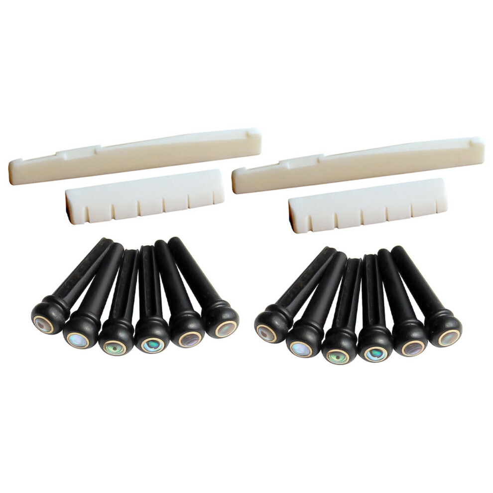 2X 6 String Acoustic Guitar Bone Bridge Saddle And Nut And 12Pcs Ebony Guitar Bridge Pins White+Black 4711459403422