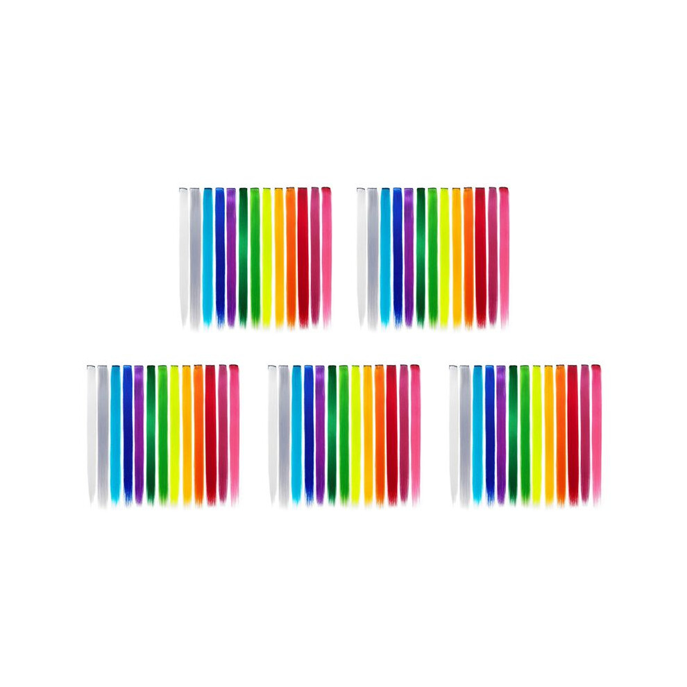Unisex 65 Pcs Colored Party Highlights Colorful Clip In Hair Extensions 55Cm Straight Synthetic Hairpieces, Rainbow