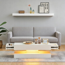 LED Coffee Table High Gloss 2 Drawers White