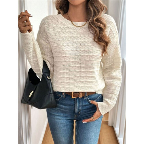 Damen Langarmpullover Herbst und Winter Süßer Rundhalsausschnitt Einfarbiger Strickpullover Reis Aprikose S 1