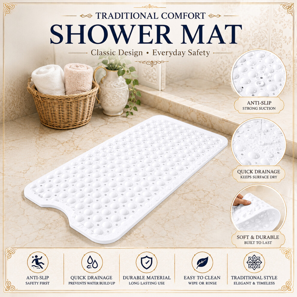 Oxford Homeware (38 X 70 Cm, ) Non Slip Bath Mat Washable Heavy Duty Bath Tub Shower Mat White