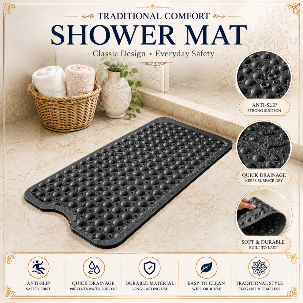 Oxford Homeware (Black - 40X100cm Large Bath Tub Mat) Black Non-Slip Shower Mat With Suction Cups - Pvc Rubber Bath Mat