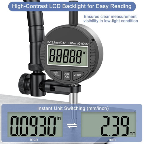 Electronic Digital Dial Indicator Gauge 0-12.7mm/0.5" Inch/Metric Conversion,with 0.01mm/0.0005"Resolution for Testing A 1
