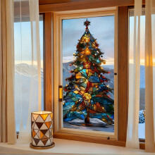 Autocollant de fenêtre sapin de Noël 2D – Effet verre coloré,