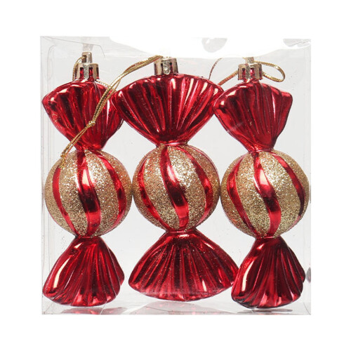 Conjunto de 3 enfeites de Natal com glitter em formato de doces